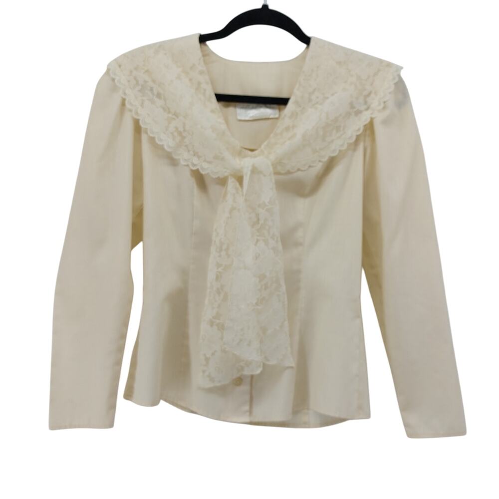 Vtg Gunne Sax Sz S/M Cream Lace Button Up Blouse Ruffle 70s